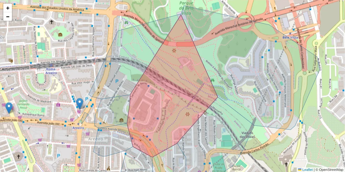 Mapa detalhado do código postal 1900-410 com limites, códigos postais vizinhos e agências dos correios