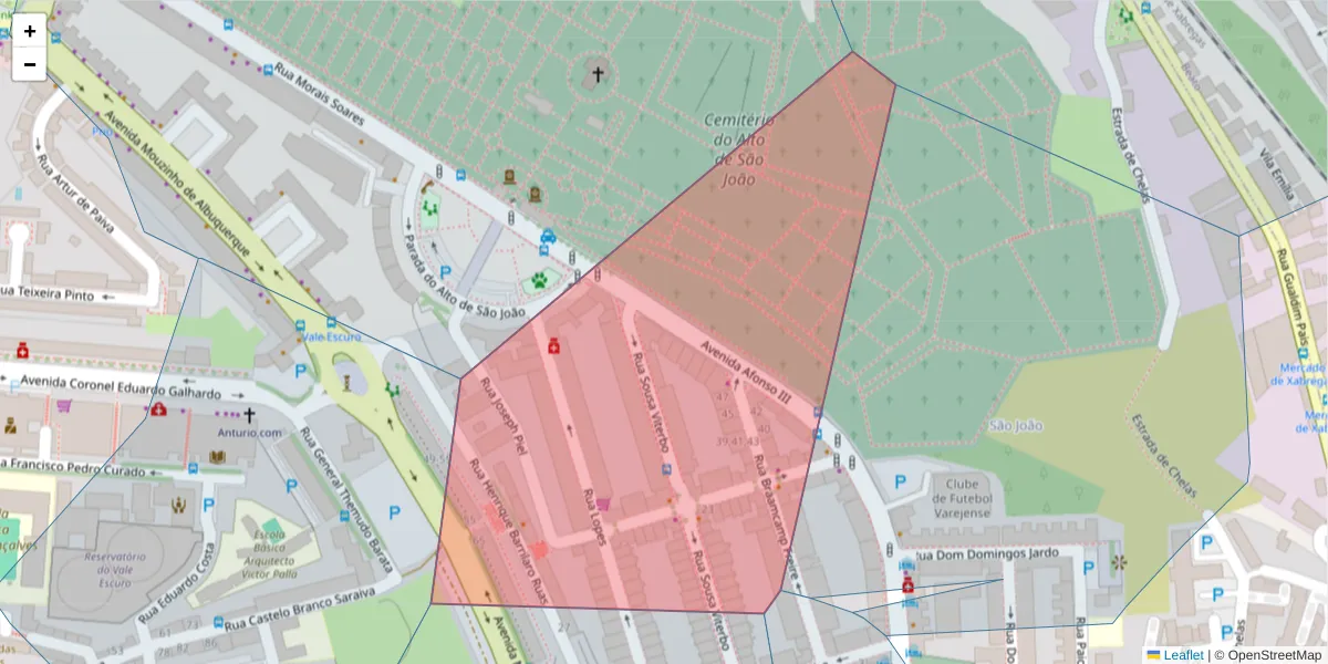Mapa detalhado do código postal 1900-424 com limites, códigos postais vizinhos e agências dos correios