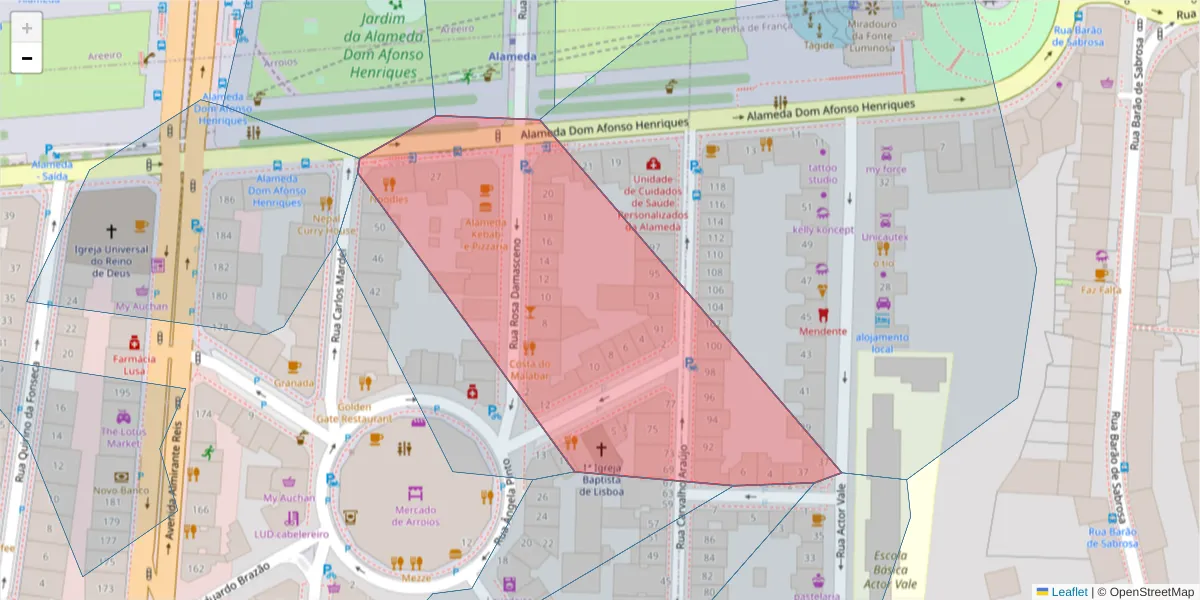 Mapa detalhado do código postal 1900-936 com limites, códigos postais vizinhos e agências dos correios