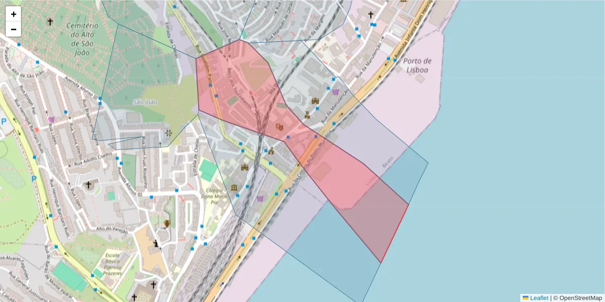 Mapa detalhado do código postal 1900 com limites, códigos postais vizinhos e agências dos correios