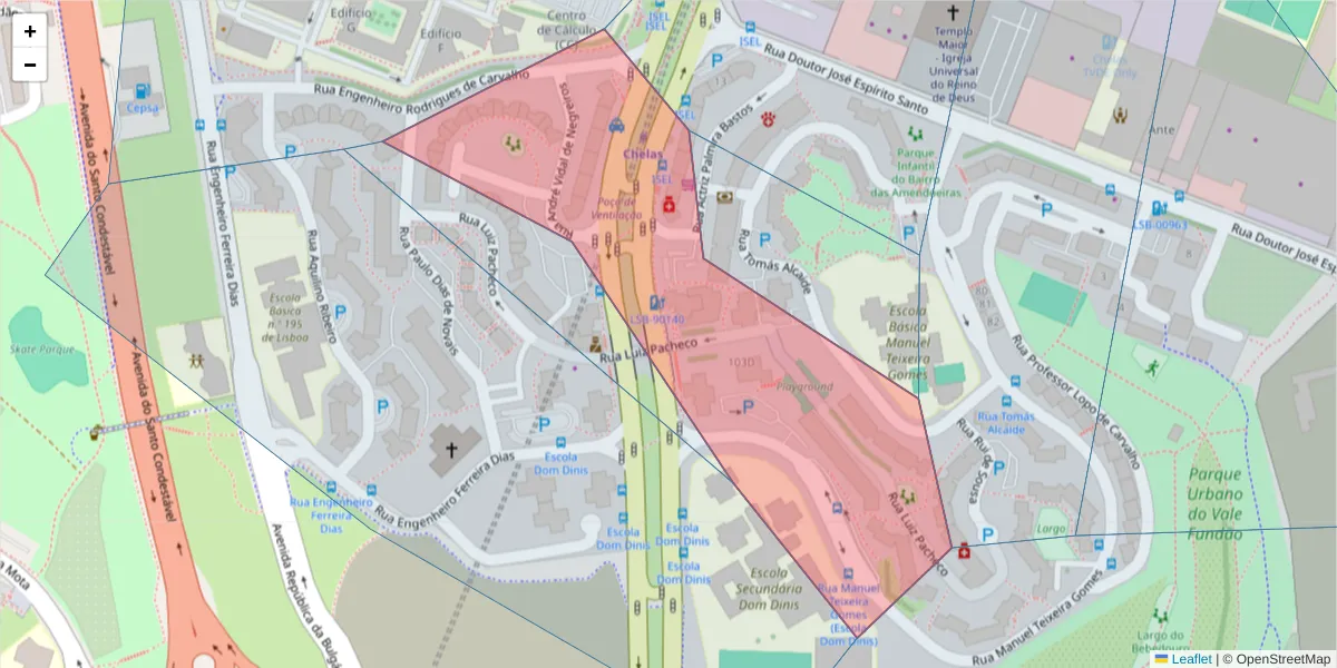 Mapa detalhado do código postal 1950-002 com limites, códigos postais vizinhos e agências dos correios