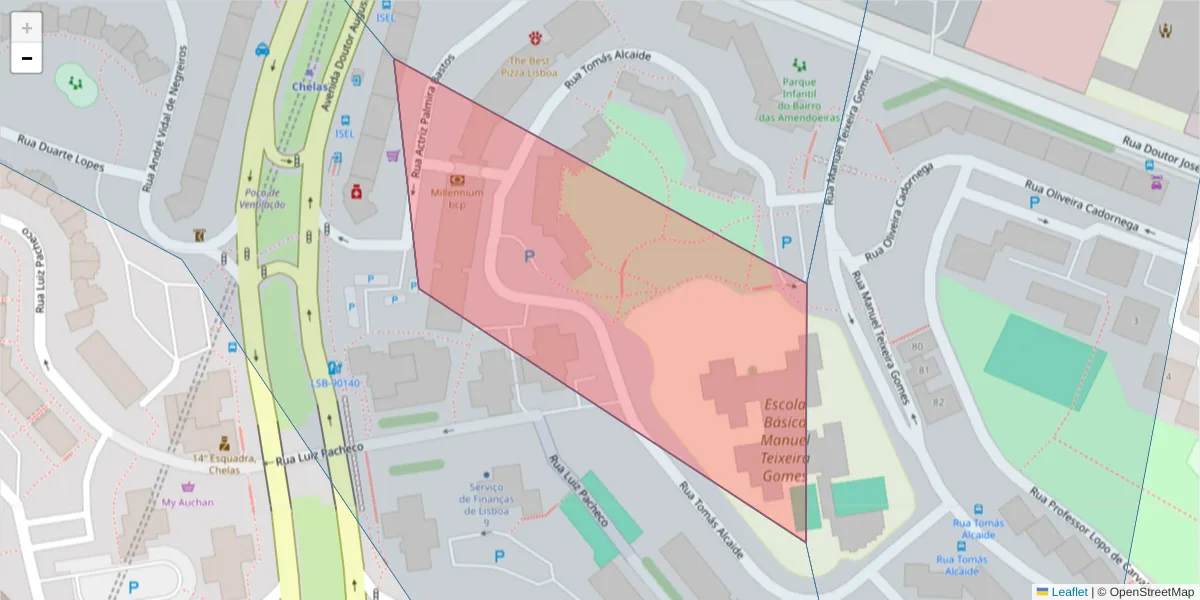 Mapa detalhado do código postal 1950-004 com limites, códigos postais vizinhos e agências dos correios