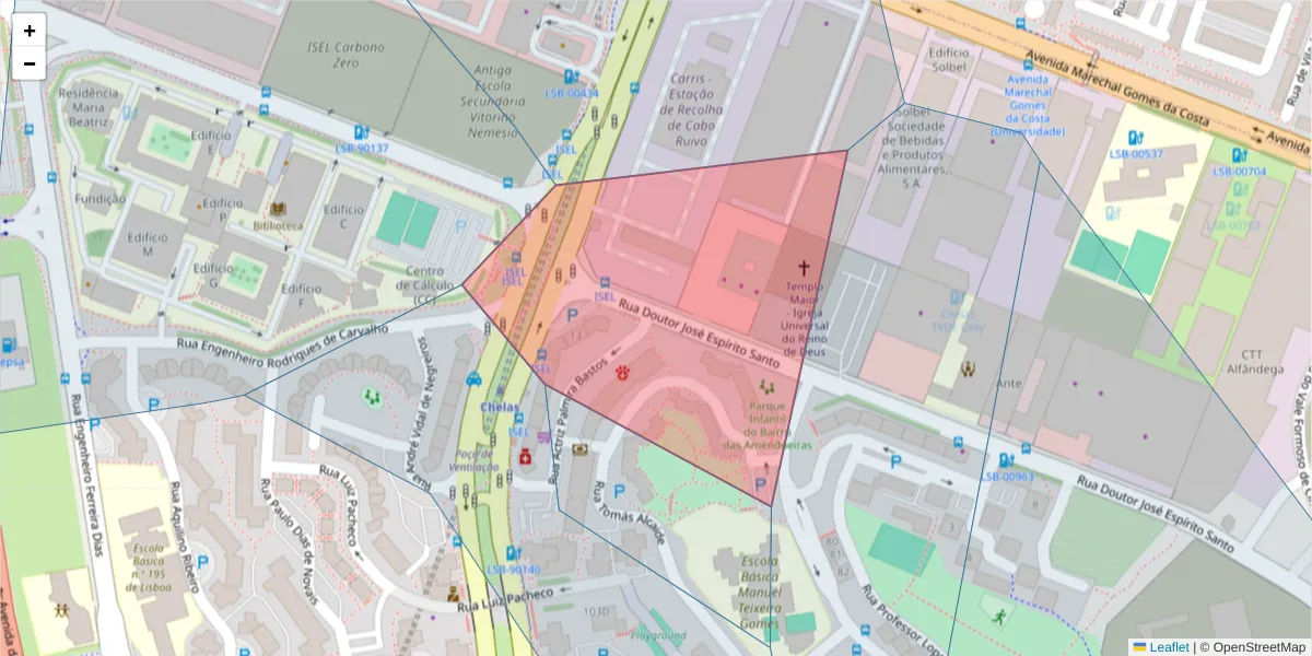 Mapa detalhado do código postal 1950-005 com limites, códigos postais vizinhos e agências dos correios