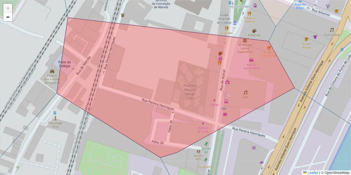Mapa detalhado do código postal 1950-006 com limites, códigos postais vizinhos e agências dos correios