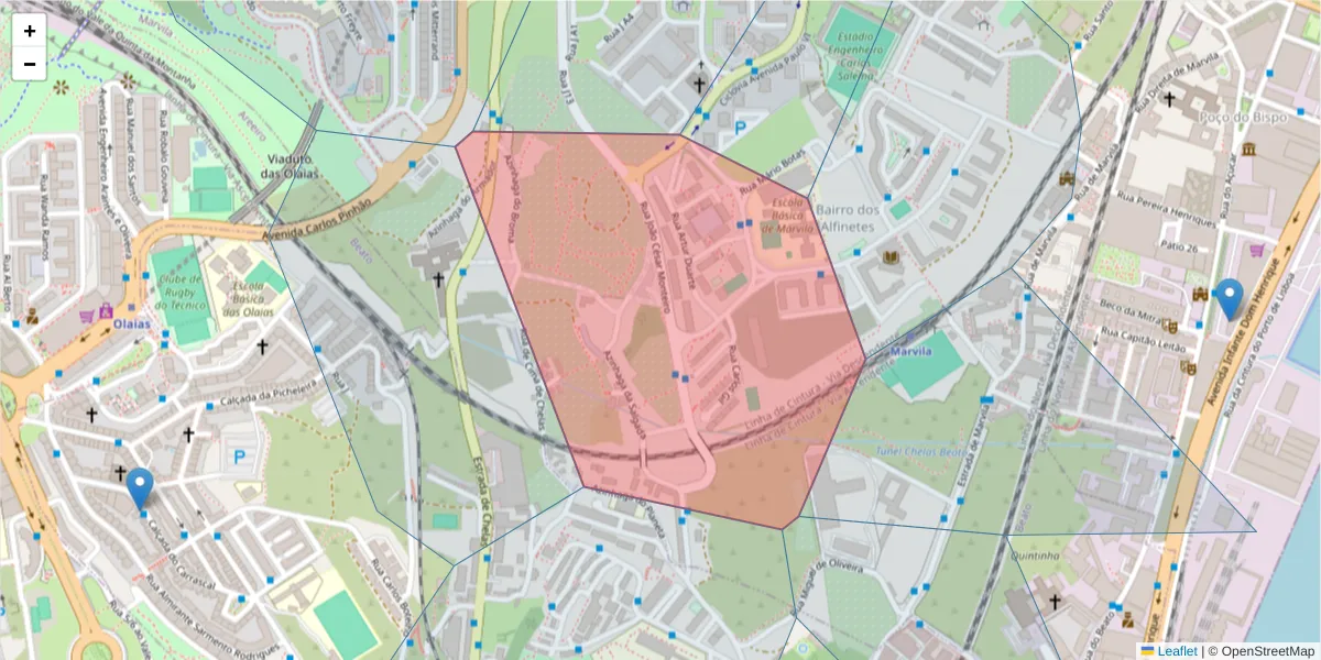 Mapa detalhado do código postal 1950-030 com limites, códigos postais vizinhos e agências dos correios