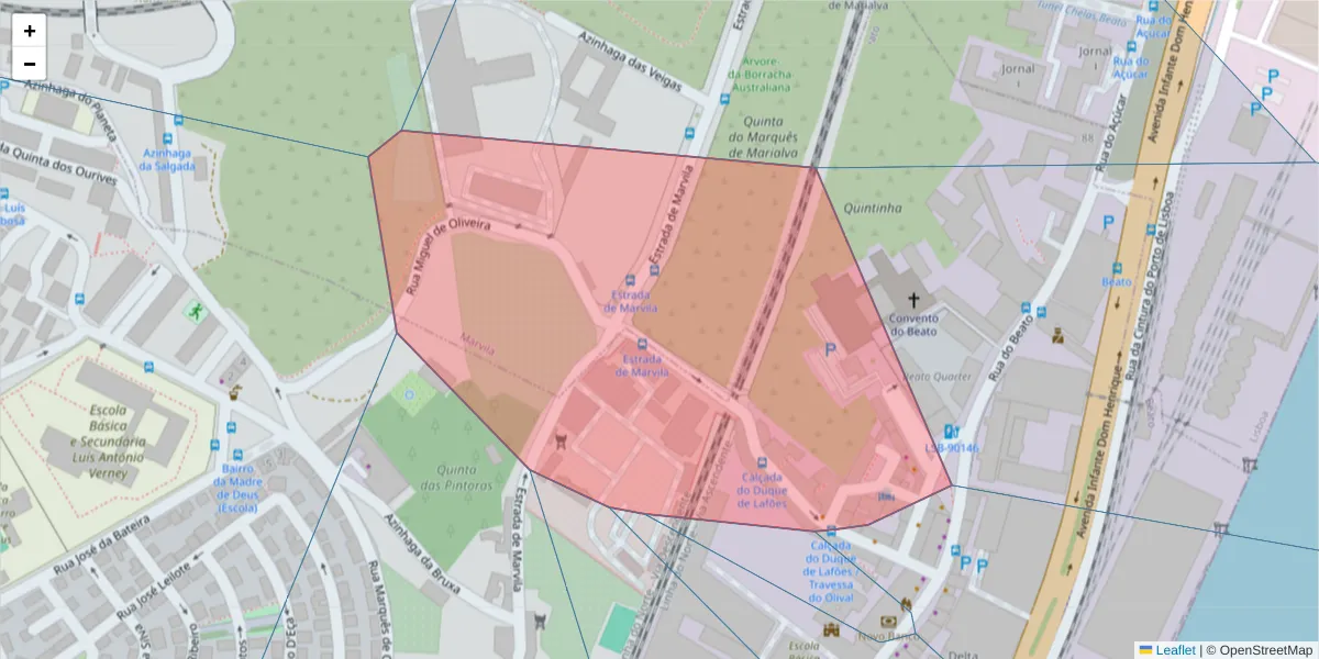 Mapa detalhado do código postal 1950-042 com limites, códigos postais vizinhos e agências dos correios