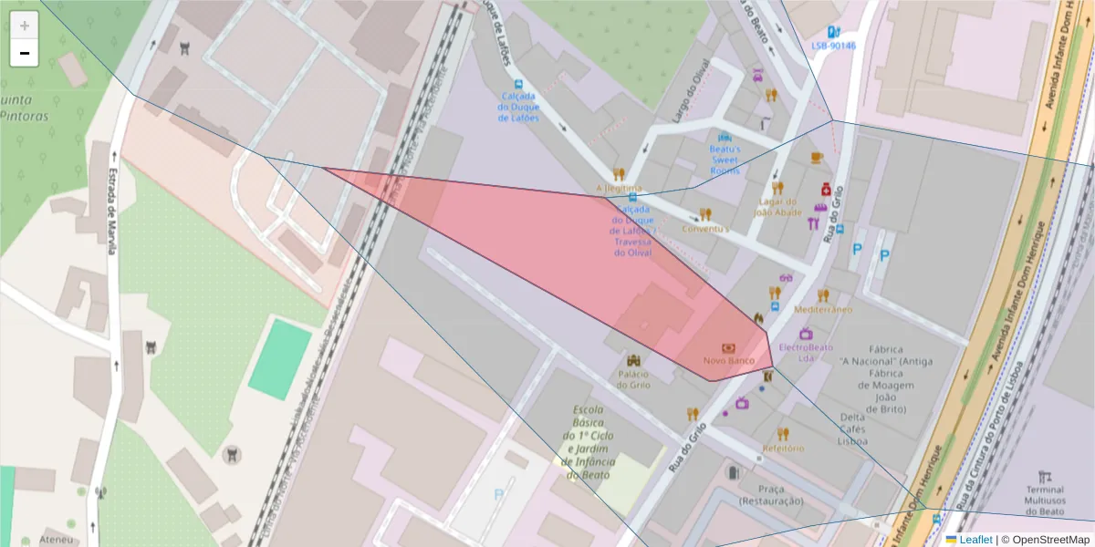 Mapa detalhado do código postal 1950-145 com limites, códigos postais vizinhos e agências dos correios