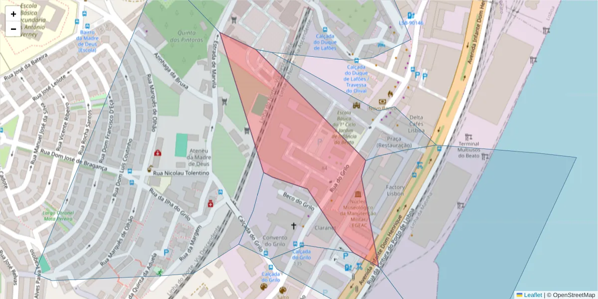 Mapa detalhado do código postal 1950-147 com limites, códigos postais vizinhos e agências dos correios