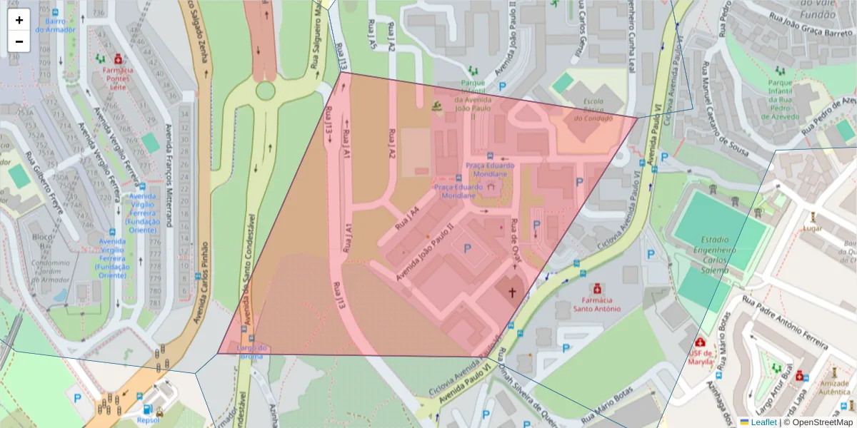 Mapa detalhado do código postal 1950-213 com limites, códigos postais vizinhos e agências dos correios