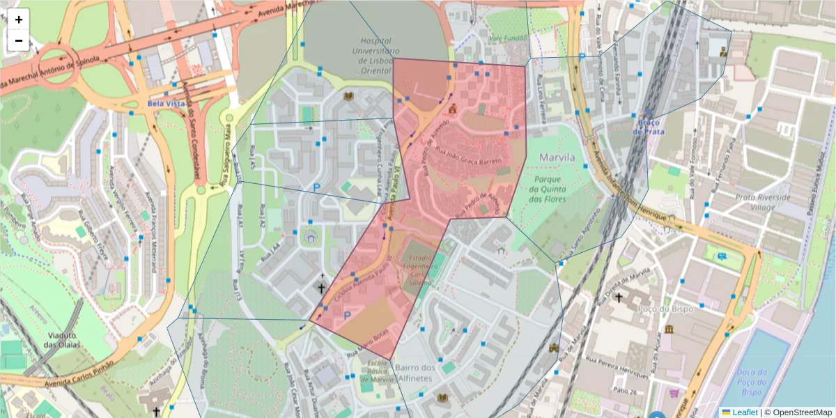 Mapa detalhado do código postal 1950-230 com limites, códigos postais vizinhos e agências dos correios