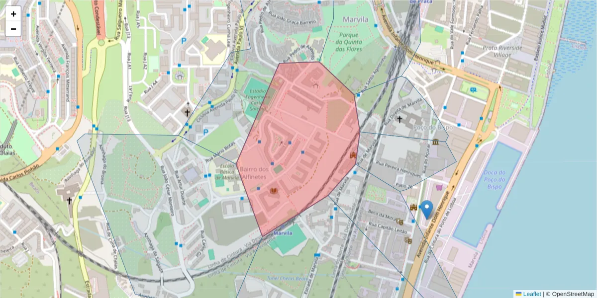 Mapa detalhado do código postal 1950-363 com limites, códigos postais vizinhos e agências dos correios