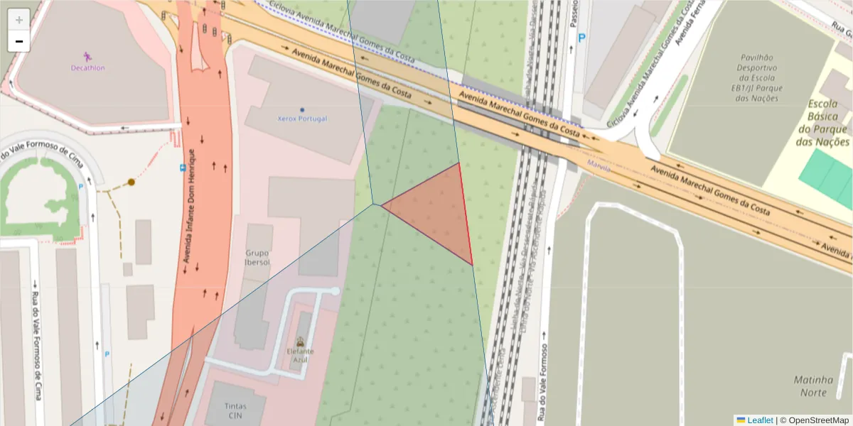 Mapa detalhado do código postal 1990-601 com limites, códigos postais vizinhos e agências dos correios