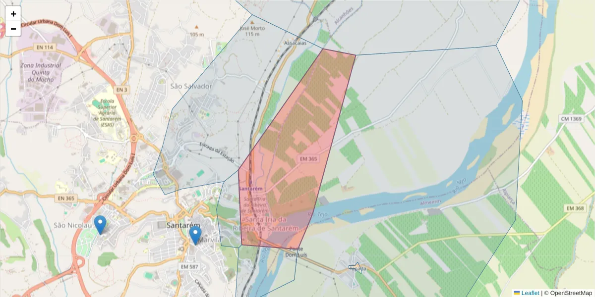 Mapa detalhado do código postal 2000-000 com limites, códigos postais vizinhos e agências dos correios