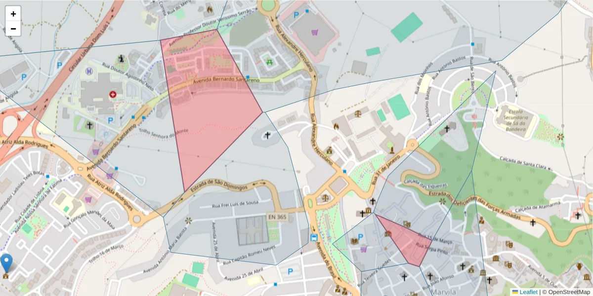 Mapa detalhado do código postal 2000-007 com limites, códigos postais vizinhos e agências dos correios