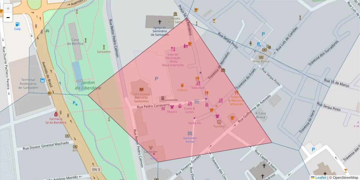 Mapa detalhado do código postal 2000-030 com limites, códigos postais vizinhos e agências dos correios