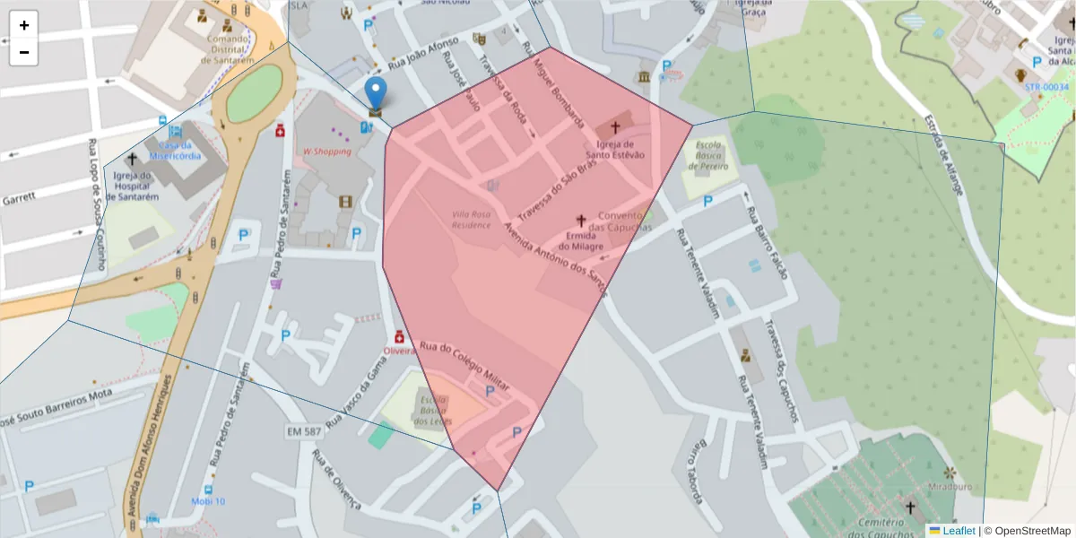 Mapa detalhado do código postal 2000-074 com limites, códigos postais vizinhos e agências dos correios