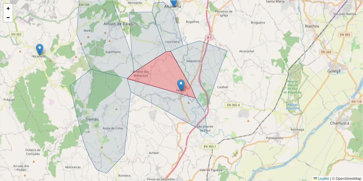 Mapa detalhado do código postal 2000-495 com limites, códigos postais vizinhos e agências dos correios