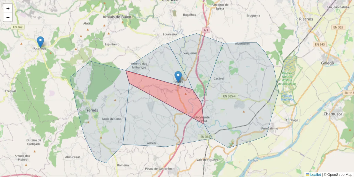 Mapa detalhado do código postal 2000-498 com limites, códigos postais vizinhos e agências dos correios
