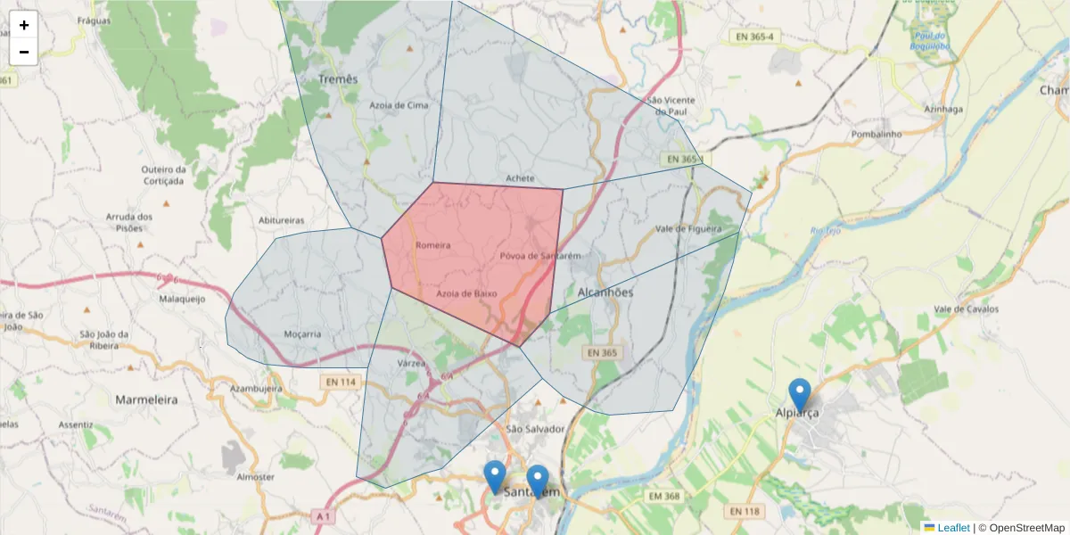 Mapa detalhado do código postal 2000-531 com limites, códigos postais vizinhos e agências dos correios