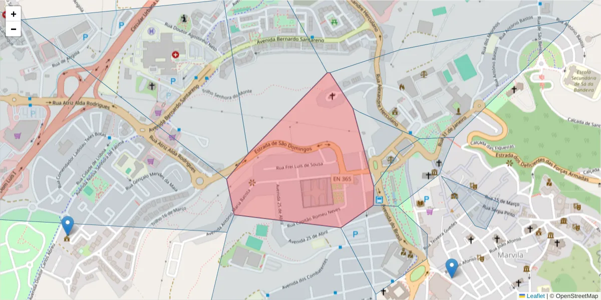 Mapa detalhado do código postal 2005-141 com limites, códigos postais vizinhos e agências dos correios