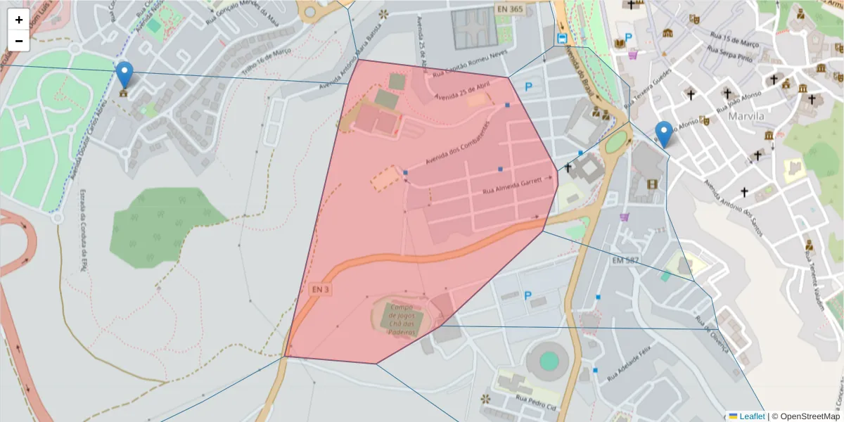 Mapa detalhado do código postal 2005-150 com limites, códigos postais vizinhos e agências dos correios