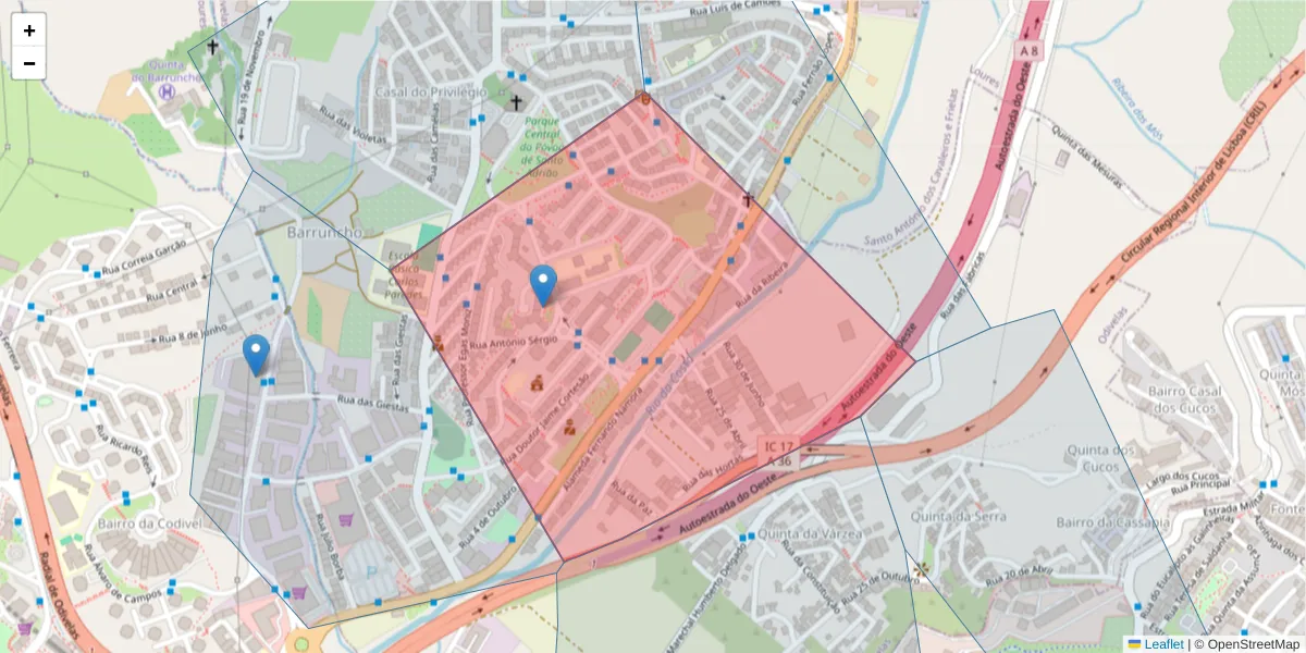 Mapa detalhado do código postal 2020-133 com limites, códigos postais vizinhos e agências dos correios