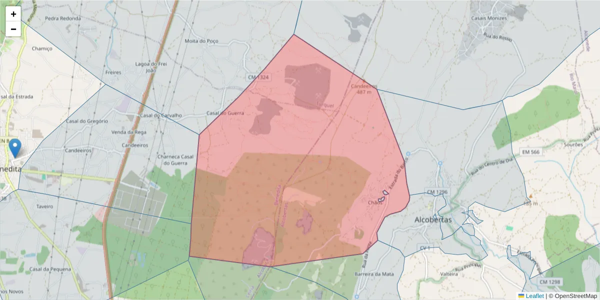 Mapa detalhado do código postal 2040-018 com limites, códigos postais vizinhos e agências dos correios