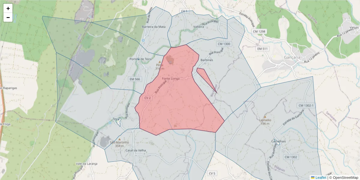 Mapa detalhado do código postal 2040-019 com limites, códigos postais vizinhos e agências dos correios