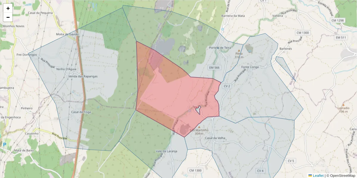 Mapa detalhado do código postal 2040-024 com limites, códigos postais vizinhos e agências dos correios