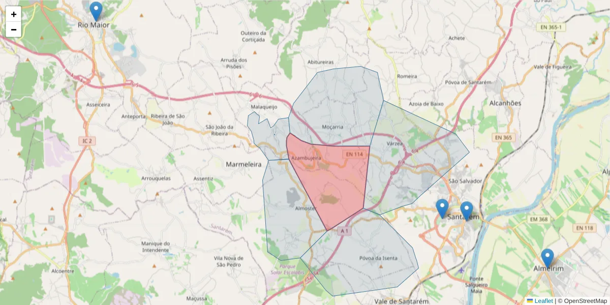 Mapa detalhado do código postal 2040-052 com limites, códigos postais vizinhos e agências dos correios