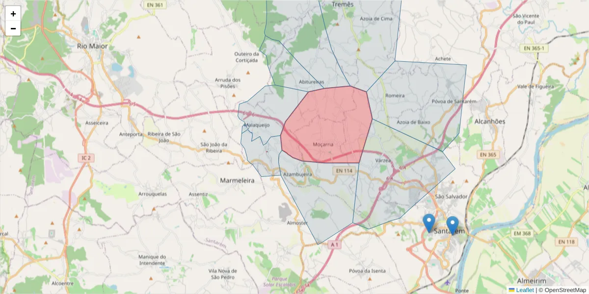 Mapa detalhado do código postal 2040-053 com limites, códigos postais vizinhos e agências dos correios