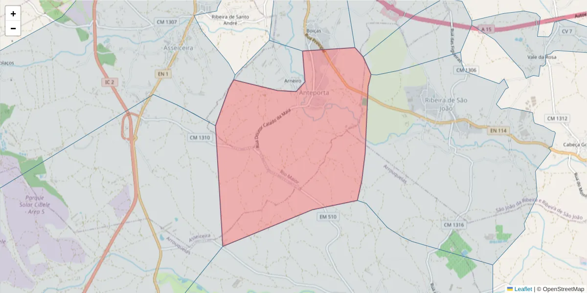 Mapa detalhado do código postal 2040-064 com limites, códigos postais vizinhos e agências dos correios
