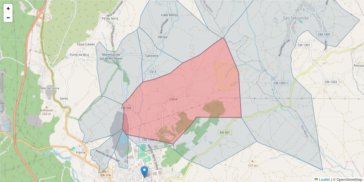 Mapa detalhado do código postal 2040-069 com limites, códigos postais vizinhos e agências dos correios