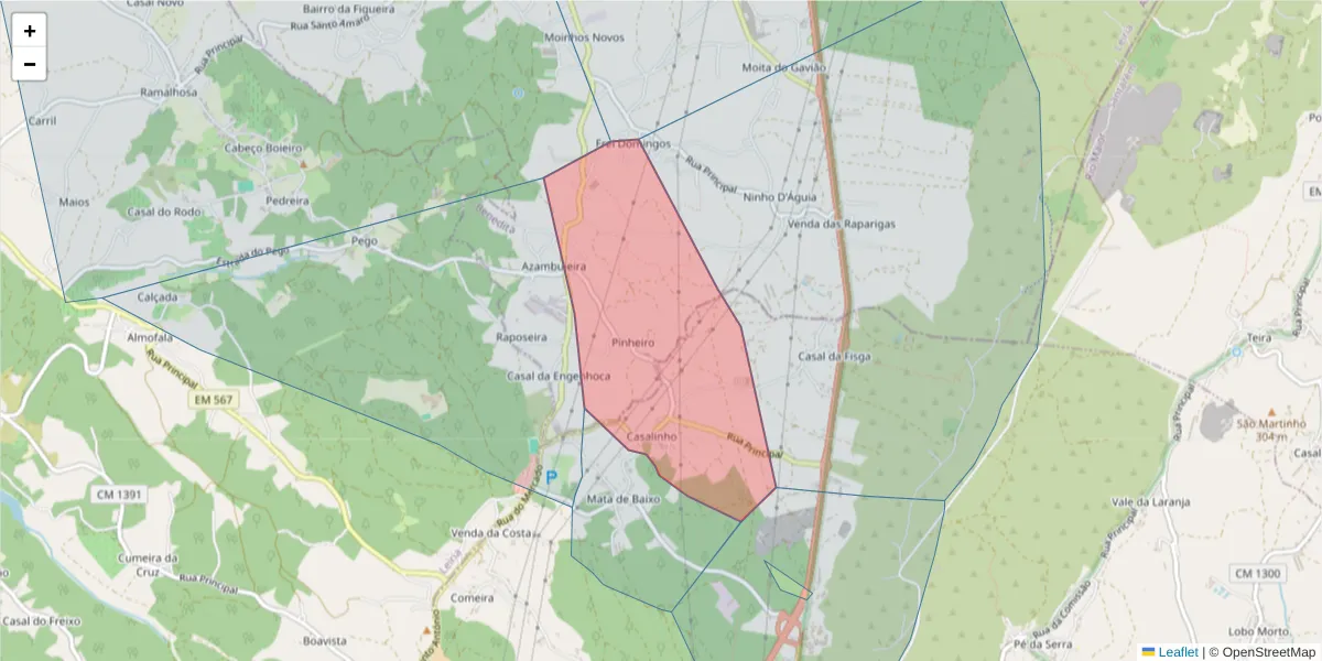 Mapa detalhado do código postal 2040-086 com limites, códigos postais vizinhos e agências dos correios