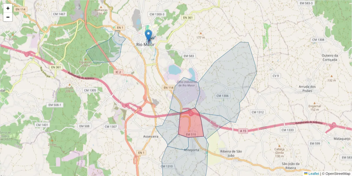 Mapa detalhado do código postal 2040-130 com limites, códigos postais vizinhos e agências dos correios