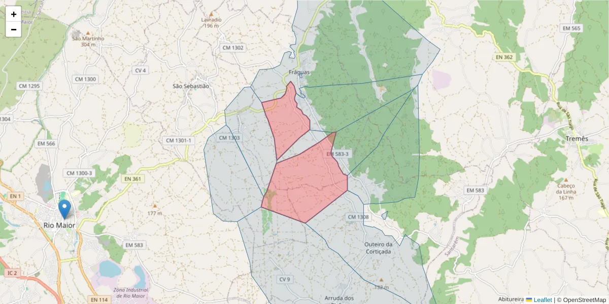 Mapa detalhado do código postal 2040-157 com limites, códigos postais vizinhos e agências dos correios