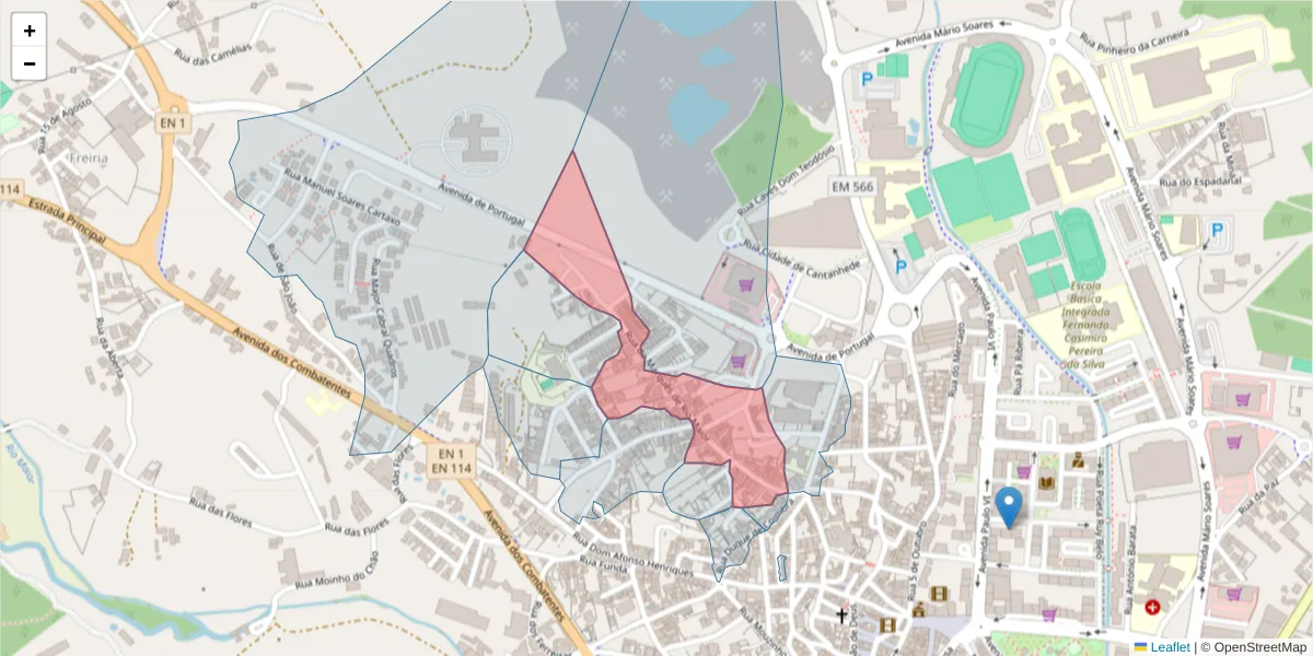 Mapa detalhado do código postal 2040-201 com limites, códigos postais vizinhos e agências dos correios