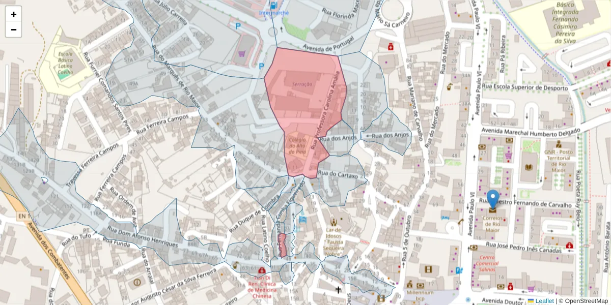 Mapa detalhado do código postal 2040-207 com limites, códigos postais vizinhos e agências dos correios