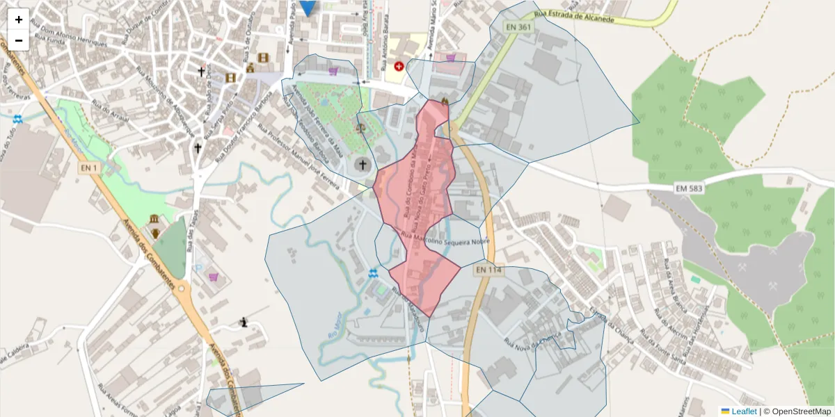 Mapa detalhado do código postal 2040-212 com limites, códigos postais vizinhos e agências dos correios