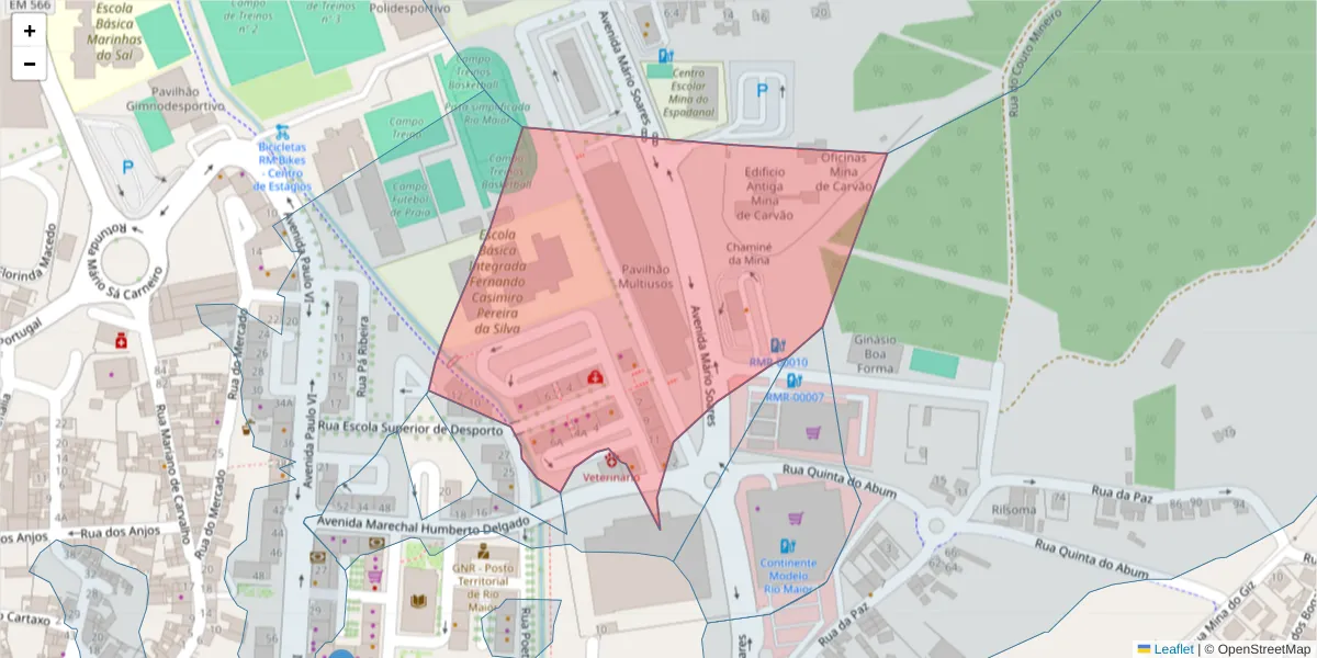 Mapa detalhado do código postal 2040-227 com limites, códigos postais vizinhos e agências dos correios