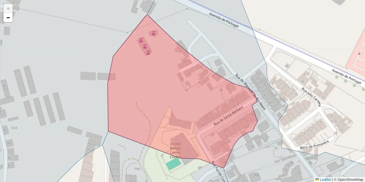 Mapa detalhado do código postal 2040-228 com limites, códigos postais vizinhos e agências dos correios