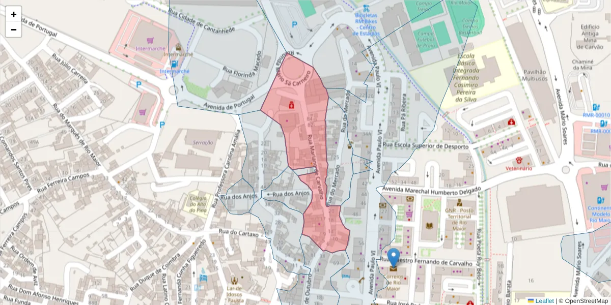 Mapa detalhado do código postal 2040-243 com limites, códigos postais vizinhos e agências dos correios