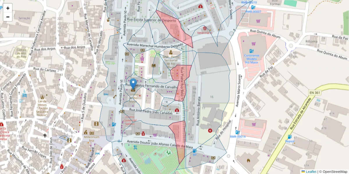 Mapa detalhado do código postal 2040-323 com limites, códigos postais vizinhos e agências dos correios