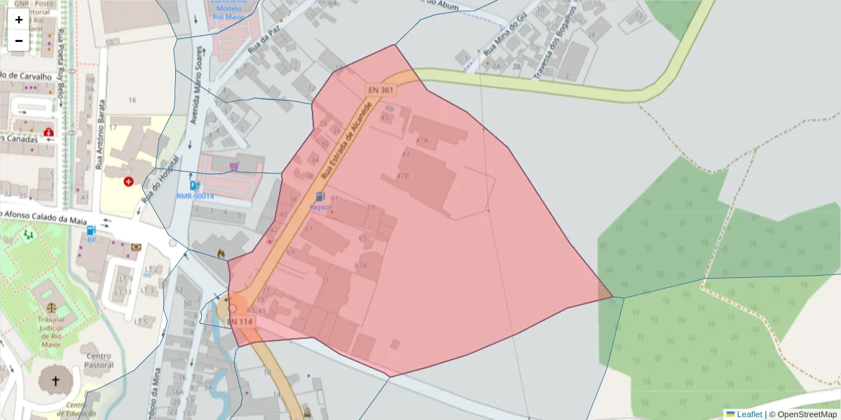Mapa detalhado do código postal 2040-352 com limites, códigos postais vizinhos e agências dos correios