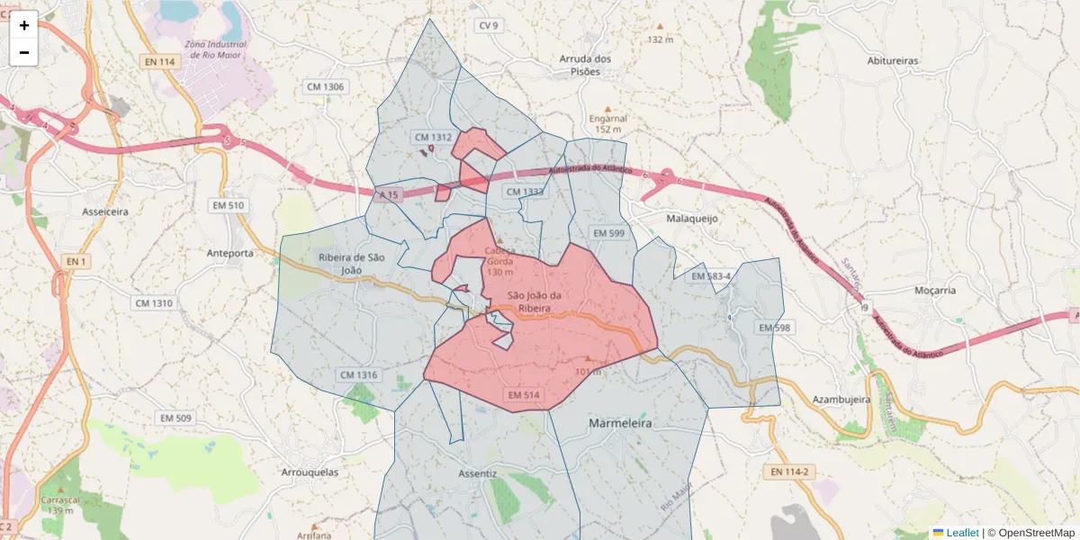 Mapa detalhado do código postal 2040-460 com limites, códigos postais vizinhos e agências dos correios