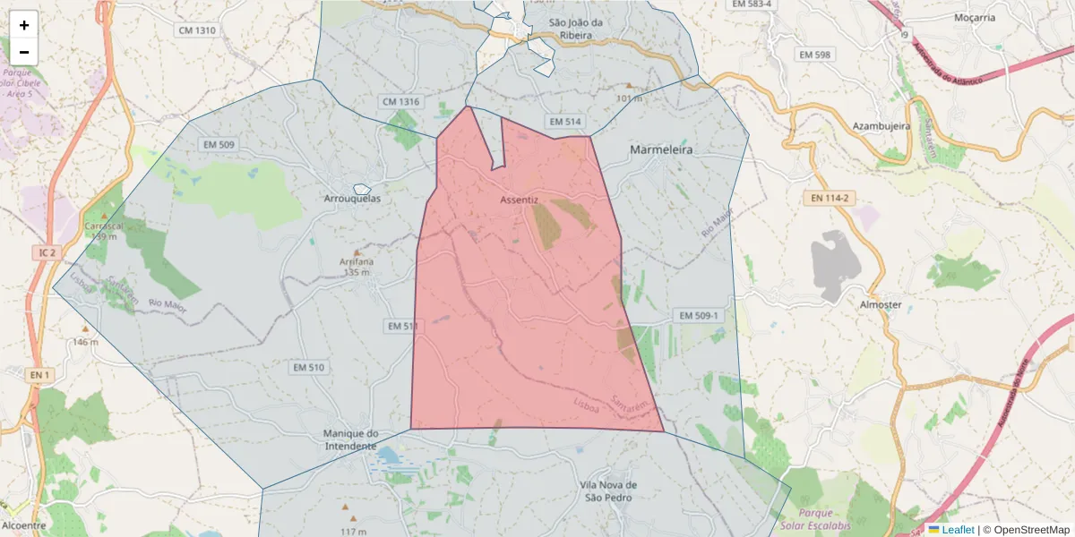 Mapa detalhado do código postal 2040-536 com limites, códigos postais vizinhos e agências dos correios