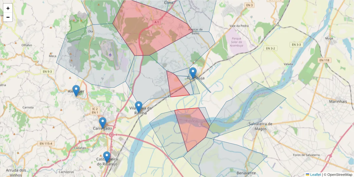 Mapa detalhado do código postal 2050-000 com limites, códigos postais vizinhos e agências dos correios