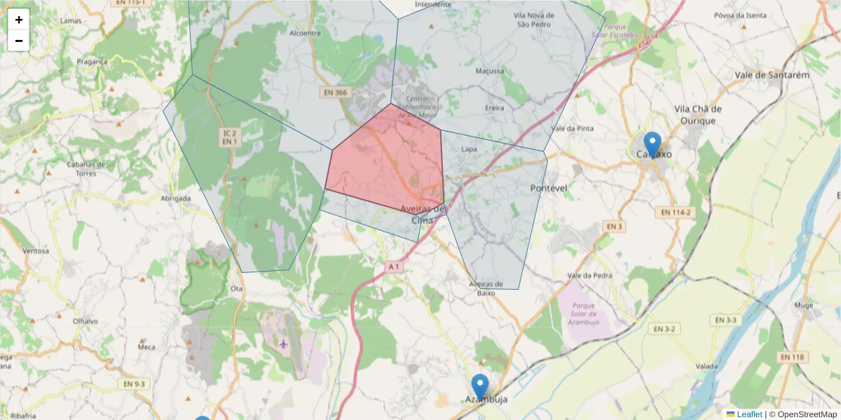 Mapa detalhado do código postal 2050-066 com limites, códigos postais vizinhos e agências dos correios