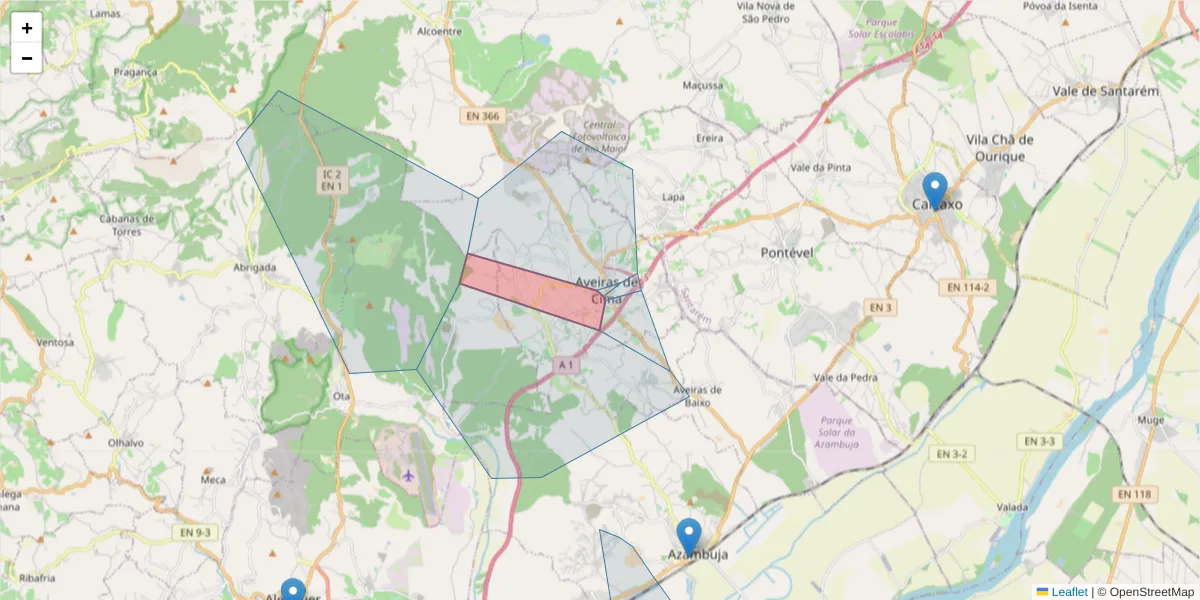 Mapa detalhado do código postal 2050-075 com limites, códigos postais vizinhos e agências dos correios