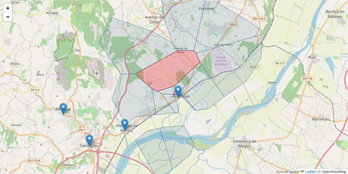 Mapa detalhado do código postal 2050-317 com limites, códigos postais vizinhos e agências dos correios